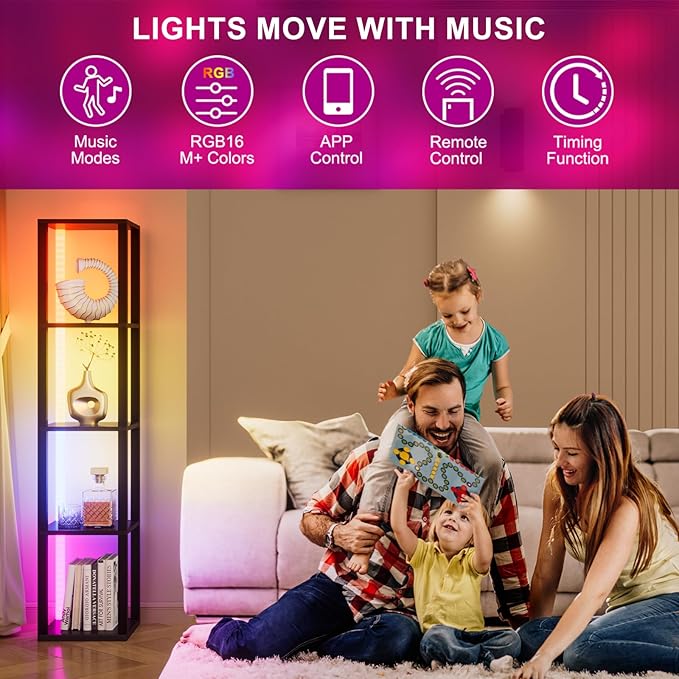 VILICK Corners Shelf with Light 5 Tier Tall Standing Shelf Dimmable Corner Floor Lamp with Shelves LED Corner Bookshelf Display Cabinet Shelf for Living Room, Bedroom, Home Decor