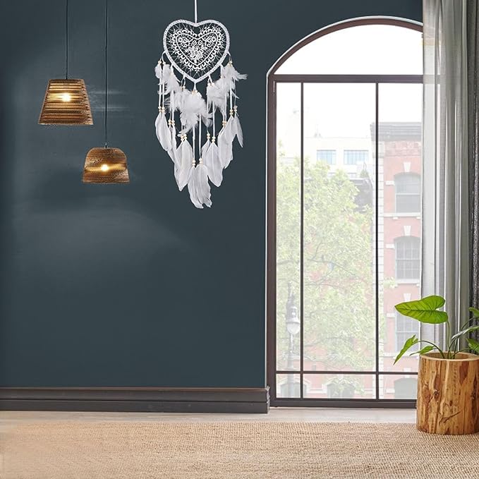 Dream Catcher,Lovely Heart Shape Dreamcatcher Handmade Lace Dream Catcher Feather Bead Wall Hanging Boho Woven Art Ornament Gift Craft Dreamcatcher Wind Chimes for Home Children Bedroom Decor (White)