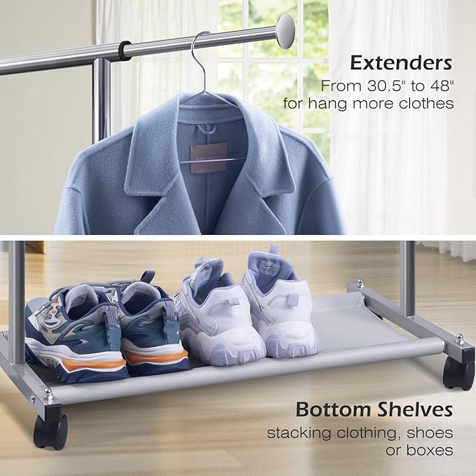 MISSLO Short Clothing Racks for Hanging Clothes with Bottom Shelves and Wheels Heavy Duty Rolling Clothes Rack Kids Clothing Rack for Adult Coat, Closet, Wardrobe