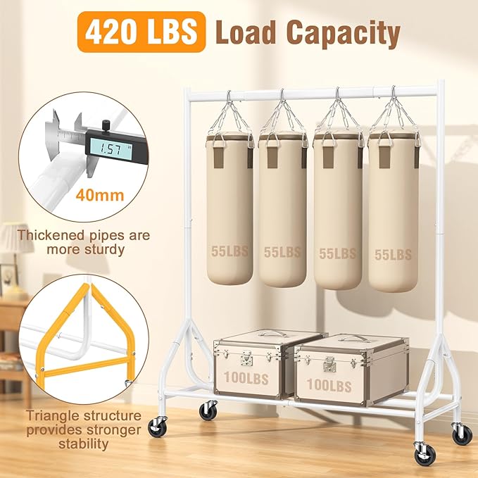 EAGMAK Heavy Duty Clothes Rack Load 420 LBS, 47.2" Long Rolling Garment Rack with Lockable Wheels, Standing Metal Clothing Hanger, Portable Wardrobe Sturdy Coat Organizer for Hanging Clothes (White)
