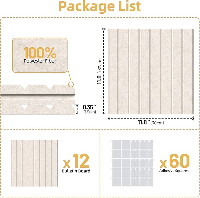 Large Cork Board for Wall 36" x 48" Oatmeal Bulletin Board with Safe Removable Adhesive Squares for Pictures Photos, Alternative CorkBoard Felt Pin Boards Tiles for Office Classroom Wall Decor-12 Pack