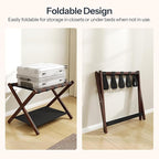 HOOBRO Luggage Racks, Set of 2 Folding Luggage Holders, Bamboo Suitcase Stands, with Nylon Straps and Oxford Fabric Shelf, for Guest Room, Hotel, Bedroom, Brown and Black BR17XLP201G1