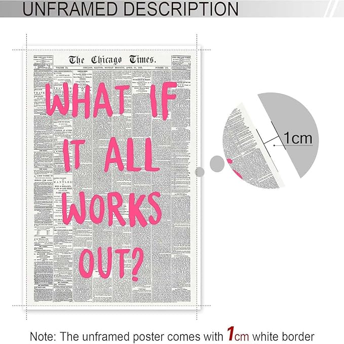 Drimiler What If It All Works Out Poster Retro Newspaper Pink Font Canvas Wall Art Positive Affirming Quote Minimalist Prints Painting For Home Bedroom Dorm Wall Decor 12x16in Unframed