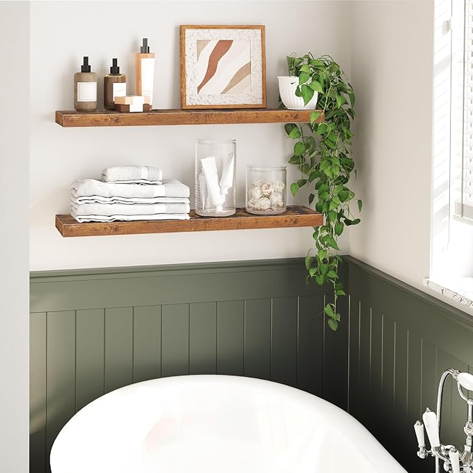 HOOBRO Floating Shelves for Wall, Wall Mounted Shelf Set of 2, 31.5" Hanging Shelf with Invisible Brackets, for Wall Storage in Bathroom Bedroom Kitchen Living Room Office, Rustic Brown BF80BJP201