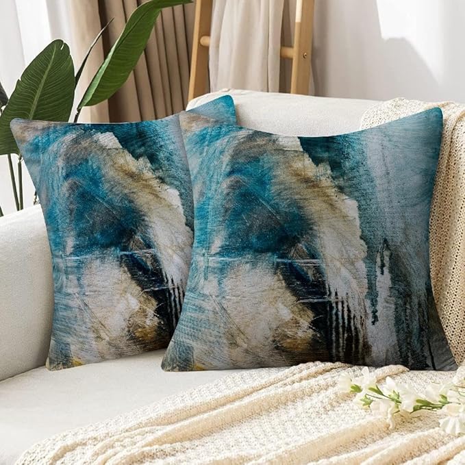 Teal Abstract Art Artwork Pillow Cover, Gallery Modern Decorative Throw Pillows Cushion Cover for Bedroom Sofa Living Room 26 x 26 Inch Set of 2