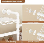 Wall Mounted Garment Rack, Industrial Pipe Metal Clothing Rack with 6 Hanging Rods (4 Expandable) & 8 Shelves, Closet Organizers and Storage System for Bedroom, Walk in Closet