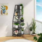 Furnulem 5 Tier Corner Shelf with LED Light, 67.2” Tall Standing Shelf for Wall Corner, Narrow Bookshelf Ladder Shelf for Bedroom, Living Room, Plant, Wood Storage Rack, Metal Frame (Black Oak)