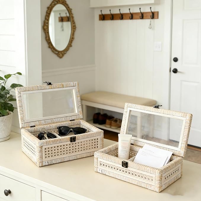 DECOR4SEASON Rattan and Cane Stacking Boxes with Glass Top Lid - Set of 2 11.8" and 14.1", for Boho and Rustic Farmhouse Decor, White Wash