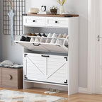 Shoe Cabinet with 2 Flip Drawers, Hidden Shoe Storage Cabinet with 2 Pull-Out Drawers, Farmhouse Shoe Organizer for Entryway, Narrow Shoe Rack for Front Door Entrance, White