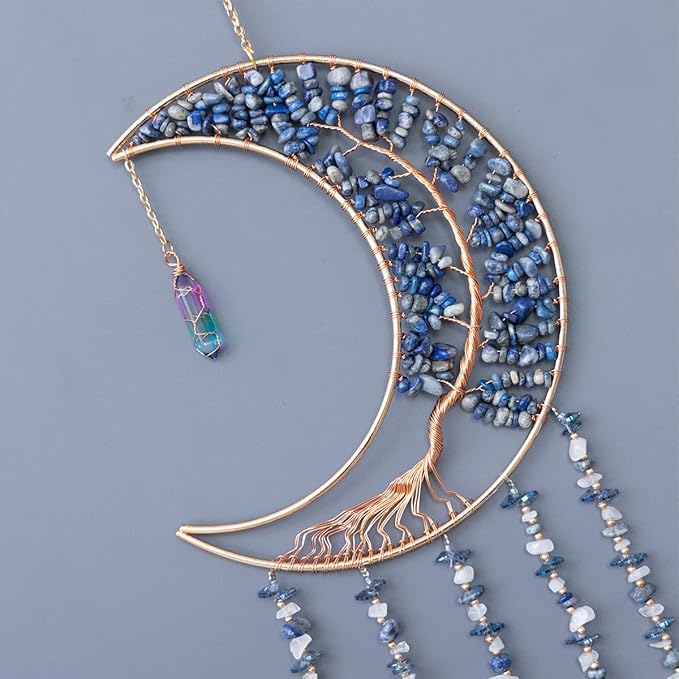 Agate Moon Dream Catchers with Crystal 7 Chakra Gemstone Dream Catchers Color Natural Gem Agate Wall Hangings Room Garden Dreamcatchers Decor (Lake Blue)
