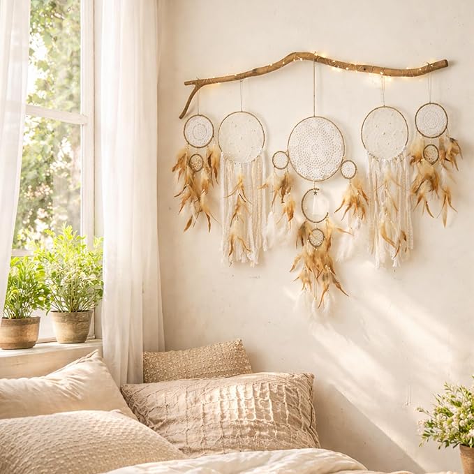 Dream Catcher Boho Macrame Wall Art - 31" Large Feather Dreamcatchers for Bedroom Moon Wall Decor by Native American for Women, Teen Girls