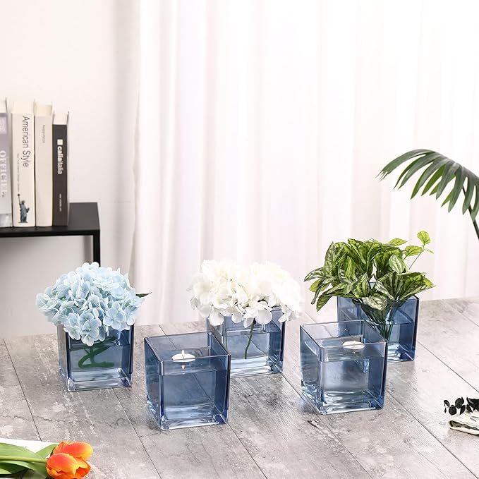 Square Glass Vases Set of 4, 5" x 5" x 5" Blue Flower Vases for Centerpieces, Square Vase for Flowers, Small Vase for Wedding, Party, Home Office Decoration