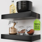 BAOBAB WORKSHOP Solid Wood Floating Shelves for Wall 12 Inch Wide, Small Wooden Shelf Kitchen Bedroom, Bathroom Shelves for Room Wall Mounted, Black Shelf, 12W × 6.7D, Set of 2