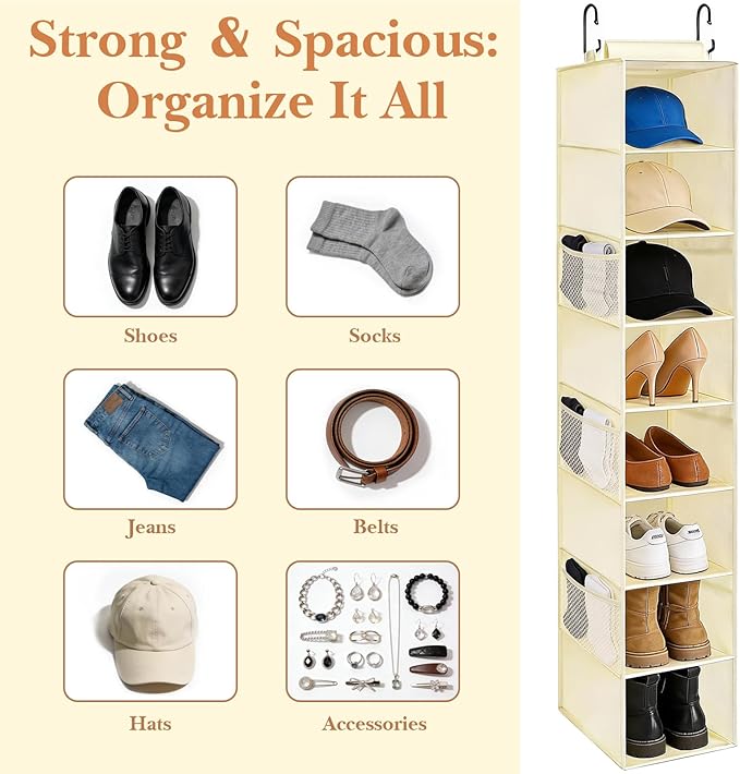 VERONLY Hanging Shoe Organizer for Closet with 8 Shelves,Mesh Pockets-Wider Hanging Shelves for Shoes,Clothes,Hats With Sturdy Bamboo-Supported Design (Beige)