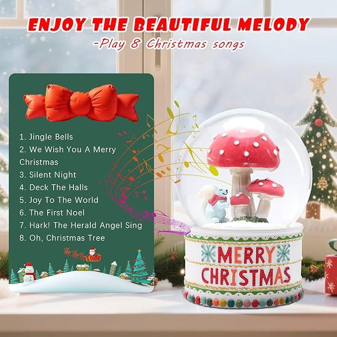 Vipush Christmas Snow Globe -Squirrels & Mushrooms Musical Snow Globe with Color Changing Led Lights, Christmas Decorations with Music Box Gifts for Girls Kids, Decorations for Christmas & Birthday