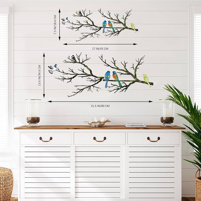 ESTART Metal Birds Wall Art, Metal Vivid Birds on Branch Silhouette Wall Decor Black Leaves with Bird Outdoor Hanging Wall Sculpture for Home Balcony Garden (Bright Color, Large)