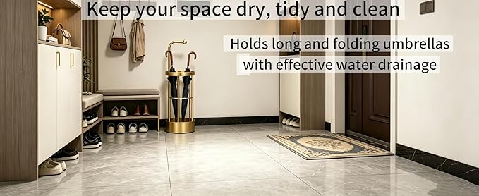 Golden Metal Umbrella Stand, 65cm Freestanding Umbrella Holder with Hooks, Round Base Umbrella Rack for Long & Foldable Umbrellas, Sturdy Iron Umbrella Organizer for Entryway, Home, Office, Hotel