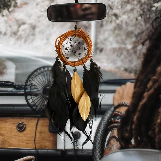 Mini Dream Catcher Car Rear View Mirror Accessories, Native American Car Interior Decor Charms Natural Rattan Black Feathers Wall Hanging Ornament for Men