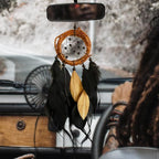 Mini Dream Catcher Car Rear View Mirror Accessories, Native American Car Interior Decor Charms Natural Rattan Black Feathers Wall Hanging Ornament for Men