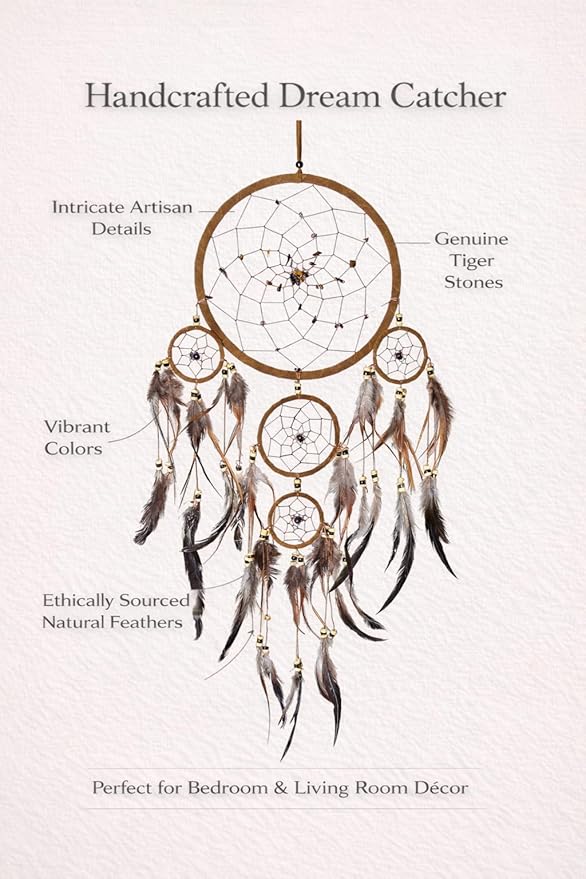 OMA Dream Catcher Wall Hanging with Tiger Eye Stones and Feathers, Brown Suede Traditional Dream Catcher Boho Home Decor Bedroom Decoration Gift Large Size - 28" Long x 9" Diameter