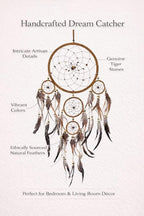 OMA Dream Catcher Wall Hanging with Tiger Eye Stones and Feathers, Brown Suede Traditional Dream Catcher Boho Home Decor Bedroom Decoration Gift Large Size - 28" Long x 9" Diameter