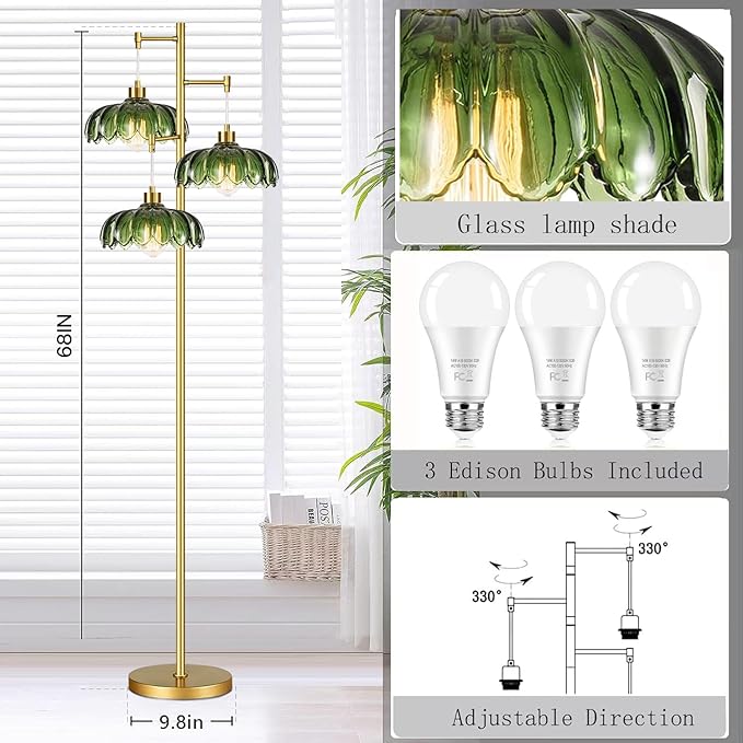 QIYIZM Glass Floor Lamp for Living Room,Bedroom,Mid Century Modern Standing Lamp Brass Tree 3 Light Tall Floor Lamps Vintage Retro Floor Lights Gold Green Flower Lamp Shade Farmhouse Boho Bohemian