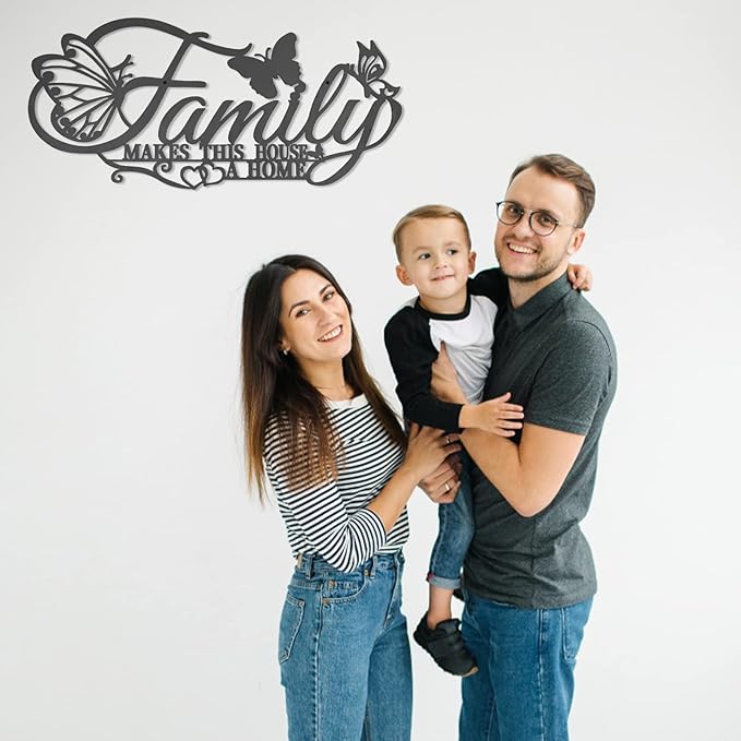 Family Metal Word Sign Wall Art Decor, Family Makes This House A Home Heart Butterflies Wall Hanging Sculpture, Silvery Iron Letters Quotes Home Decor for Living Room Kitchen (Black-B)