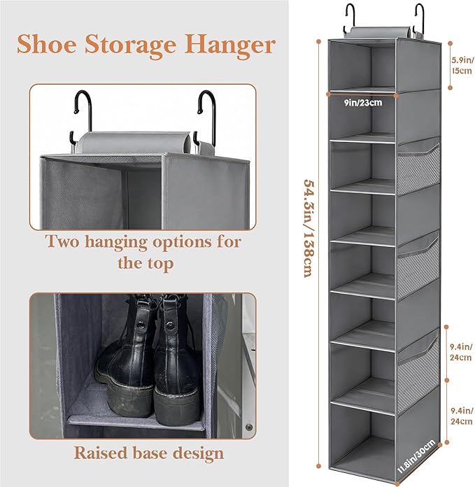 VERONLY Hanging Shoe Organizer for Closet,8-Shelf Hanging Storage with Side Mesh Pockets,Wider Shelves for Baseball Caps,Clothes (9" W × 11.8" D × 54" H) Grey