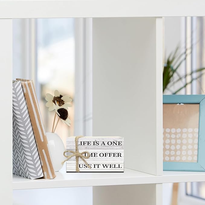 Decorative Books For Home Decor, Wood Book Stack For Table Decor, Life Is A One Time Offer Use It Well Decor Books For Living Room Bookshelf Office Coffe Bar, Farmhouse Stacked Books Decor (L06)