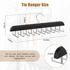 Tie Rack Hanger for Closet, 2 in 1 Belt Tie Hangers with 20 Folding Hooks, 360 Degree Rotating Wooden Tie Holder Organizer for Men Ties Belts Scarves Tank Tops Accessories, Black (2 Pack)
