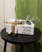 3 Pieces Wooden Decorative White Books, Rustic Farmhouse Faux Books for Coffee Table Shelves with Wood Bead Tassels and Leaves, 7'x 4.6'x 2.5' (Faith, Hope, Trust)