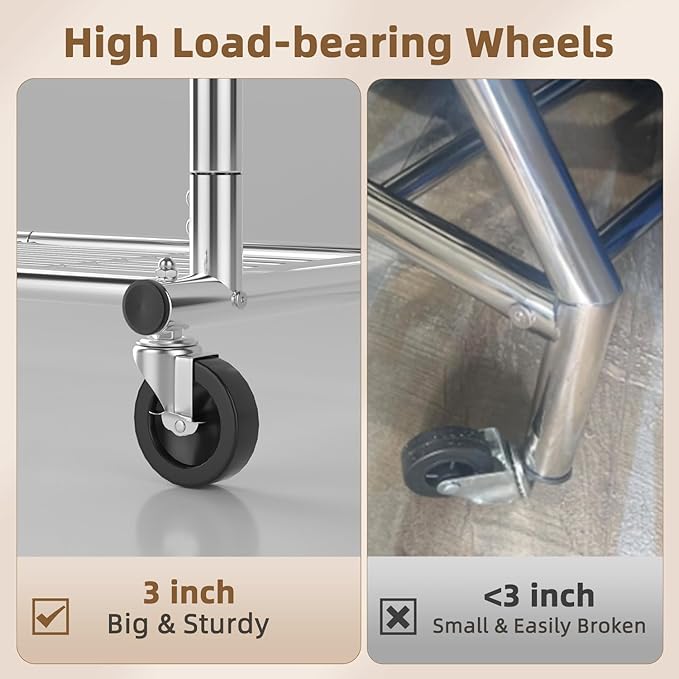 EAGMAK Heavy Duty Clothes Rack Load 556 LBS, Rolling Clothing Rack With Shelves, Height Adjustable Metal Clothes Hanger with Wheels Portable Wardrobe Organizer Garment Rod for Hanging Clothes (Silver)
