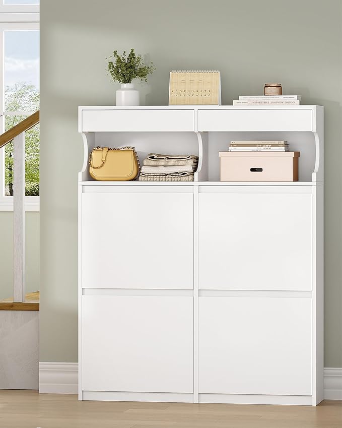 Shoe Cabinet with 4 Flip Drawers & 2 Top Drawers, Narrow Hidden Shoe Storage Cabinet for Entryway, Freestanding Shoes Organizer with Storage Space, 16-20 Pairs, for Hallway, White SR57603X