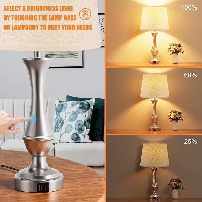 Seealle Upgraded Touch Lamps for Night Stands Set of 2 - Bedside Lamps with USB C+A, 3 Way Dimmable for Bedroom Living Room End Tables Office (Weaving White&Silver)