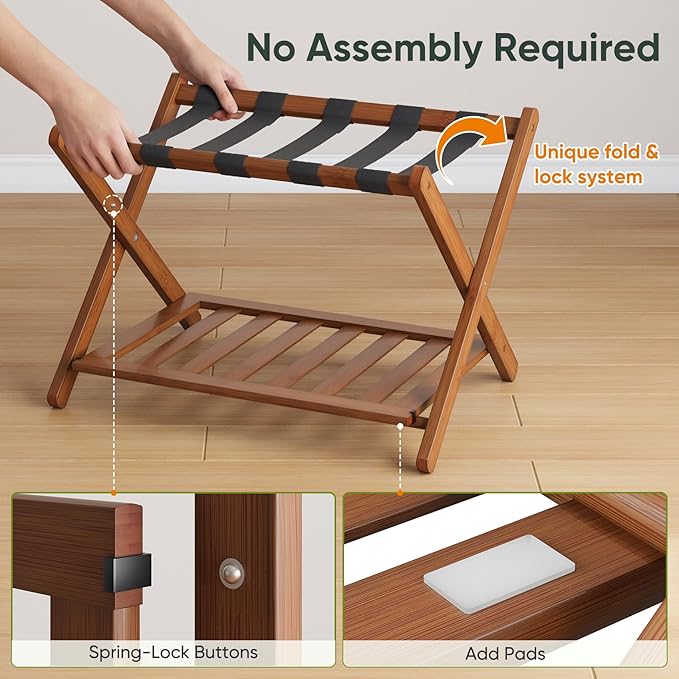 Bamboo Luggage Rack Fully Assembled, Folding Suitcase Stand with Shoe Shelf, Heavy-Duty Luggage Holder for Guest Room Must Haves, Bedroom, Hotel, Walnut