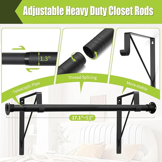 Closet Rod, 17 to 51 Inch Clothes Rods 1.3 Inches Heavy Duty Adjustable Closet Pole for Hanging Clothes and Heavy Duty Hanging Clothes Rod Bracket Closet Pole Support (Black)