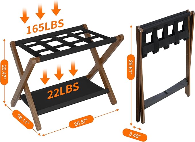 Heybly Luggage Rack, Folding Suitcase Stand with Storage Shelf, Heavy-Duty Luggage Holder for Guest Room Bedroom Hotel, Holds up to 165 lb, Walnut, HLR010WB2