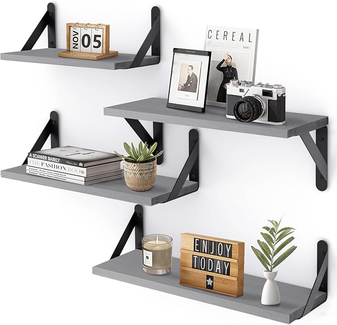 YGEOMER Floating Shelves for Wall, Different Sizes Gray Wall Shelves for Living Room, Bathroom, Bedroom, Kitchen, Home Decor (Set of 4)