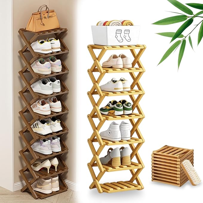 DDRIC The 9-Tier No-Assembly Bamboo Rack, Foldable 9 Tier Bamboo Shoe Rack with Collapsible Vertical Design, Space-Saving Shoe Storage Shelf for Entryway Closet Dorm, No-Tool Assembly (Nuture,7)