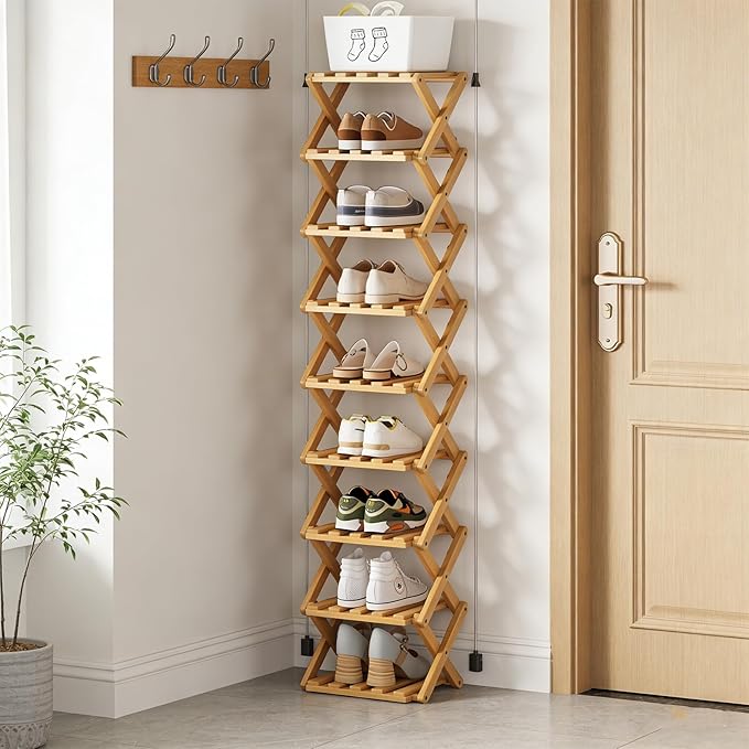 The 9-Tier No-Assembly Bamboo Rack, New Upgrade 9 Tier Bamboo Shoe Rack, Space-Saving Tall Narrow Accordion Shoe Rack for Entryway Closet Dorm (Natural-9)