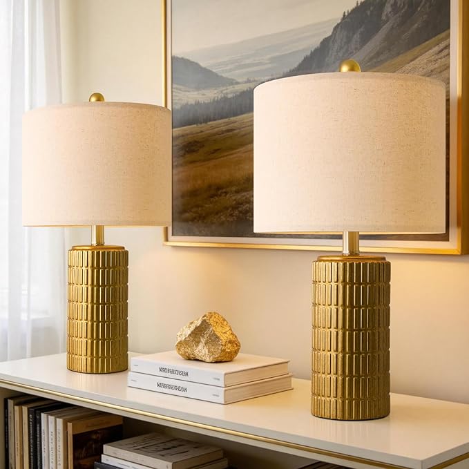 PoKat 20.75" Brass Gold Ceramic Table Lamps Set of 2 for Living Room, Small Retro Bedside Lamps for Bedroom, Nightstand Lamps for Home Decor, Vintage Bronze Decorative Lamp Sideboard Side Table Gifts