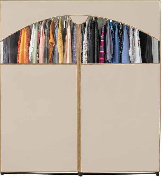 HOLDN’ STORAGE Portable Wardrobe Closet - 65 lb Large Capacity, Internal Heavy Duty Metal Rod, Zipper & Clear Window, Durable Clothes Organizer, Tool-Free Easy Assembly, Beige Canvas Cover