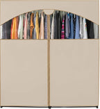 HOLDN’ STORAGE Portable Wardrobe Closet - 65 lb Large Capacity, Internal Heavy Duty Metal Rod, Zipper & Clear Window, Durable Clothes Organizer, Tool-Free Easy Assembly, Beige Canvas Cover
