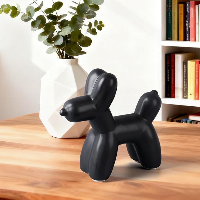 Notakia Cute Ceramics Black Balloon Dog Statue Crafts Living Room Desktop Decorations,Handmade Modern Small Ceramic Animal Statue Ornament Home Decor Accents (Black, Large)