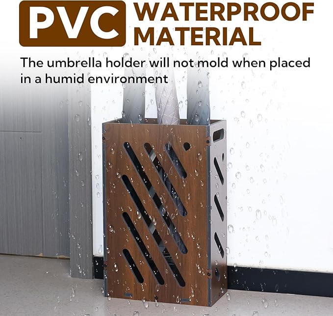 Modern Brown Umbrella Stand with Removable Water Tray, PVC Umbrella Holder, Indoor and Outdoor Use, Storage Bin Freestanding for Home, Office, Hotel