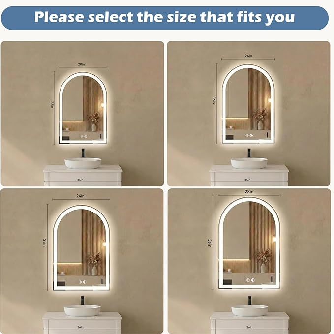 Sweetcrispy 24“ x 32” LED Bathroom Backlit Mirror with Lights, Arched Vanity Mirror with Anti-Fog, Dimmable, 3-Color Light, Memory Function, Tempered Glass