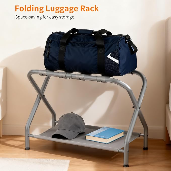 Heybly Luggage Rack for Guest Room, Pack of 2, Steel Folding Suitcase Stand with Storage Shelf for Bedroom, Hotel, Foldable Steel Frame, Guest Room, 26.2" L x 14.4" W x 20.5" H, Gray HLR004G2
