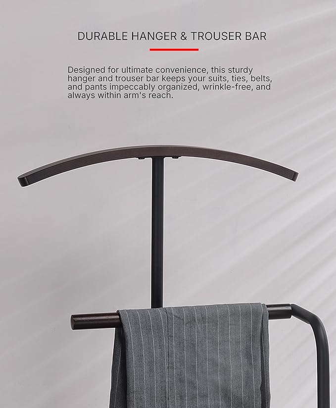 Proman Products Scandia Valet Stand, Clothes Rack, Clothing Organizer with Tray, Hanger and Trousers Bar, Wood, Metal, Black