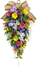 25 Inch Lighted Spring Summer Teardrop Swag with Timer Daisies Wildflower Burlap Bow Farmhouse Floral Decor for Front Door Wall