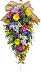 25 Inch Lighted Spring Summer Teardrop Swag with Timer Daisies Wildflower Burlap Bow Farmhouse Floral Decor for Front Door Wall